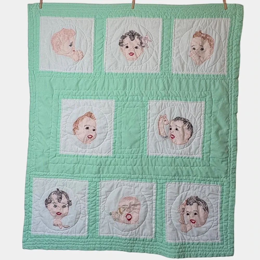 Vtg Kitsch Baby Face Quilt Hand Embroidered Mint Green Mid Century Nursery Boho